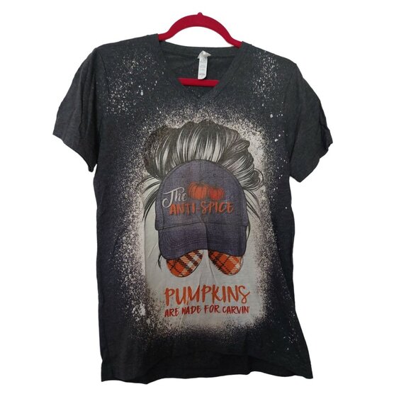 The Mountain Anti Spice Pumpkins T-Shirt Gray Splatter V-Neck Womens S Cotton Bl - Picture 1 of 3